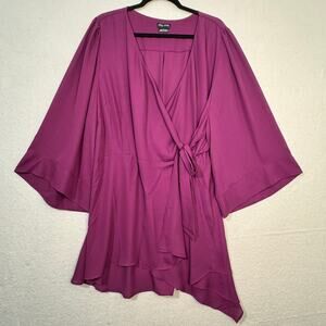 City Chic Purple Chiffon Side Tie Wrap V-Neck Top Kimono Sleeves Size Large